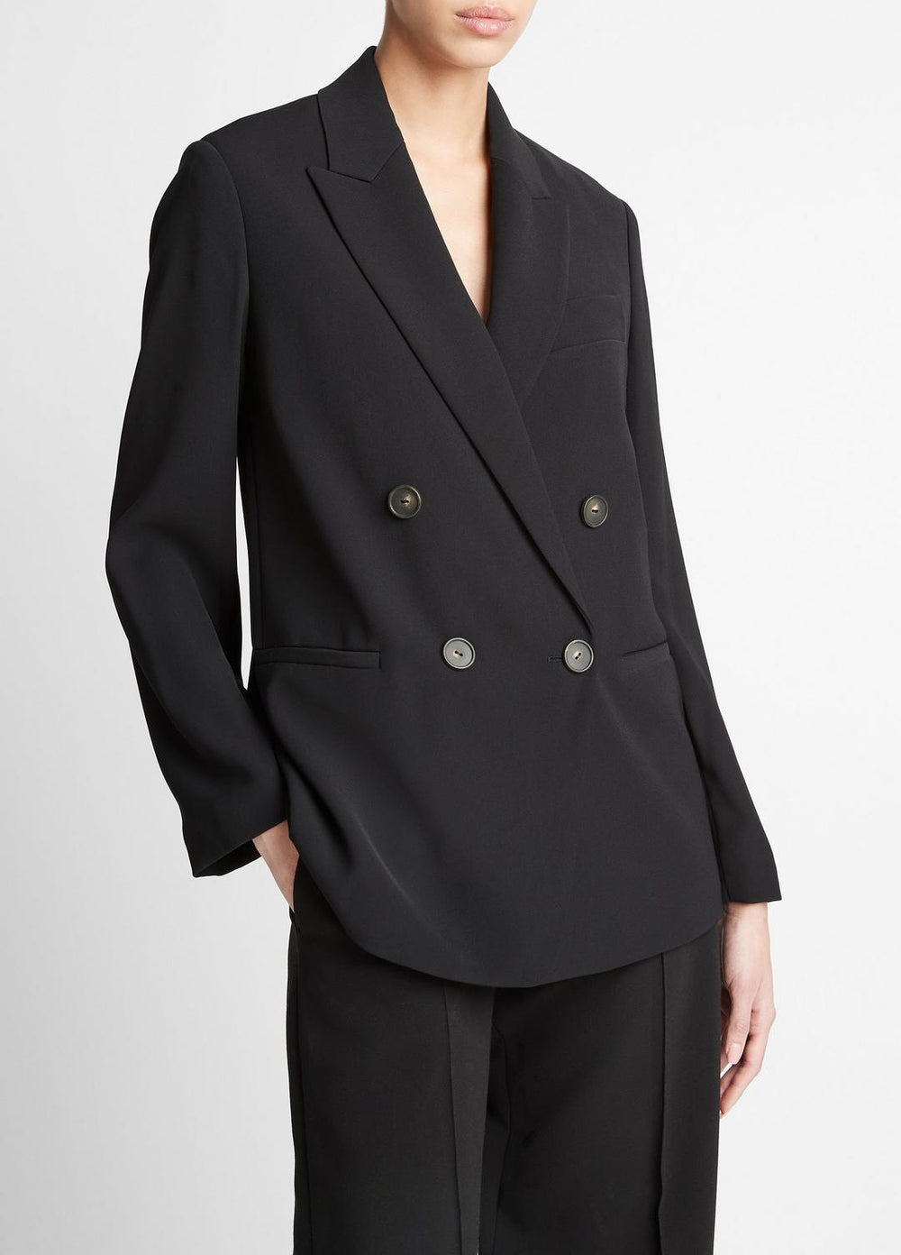 VINCE | Crepe Double-Breasted Blazer in Blazers - BLACK