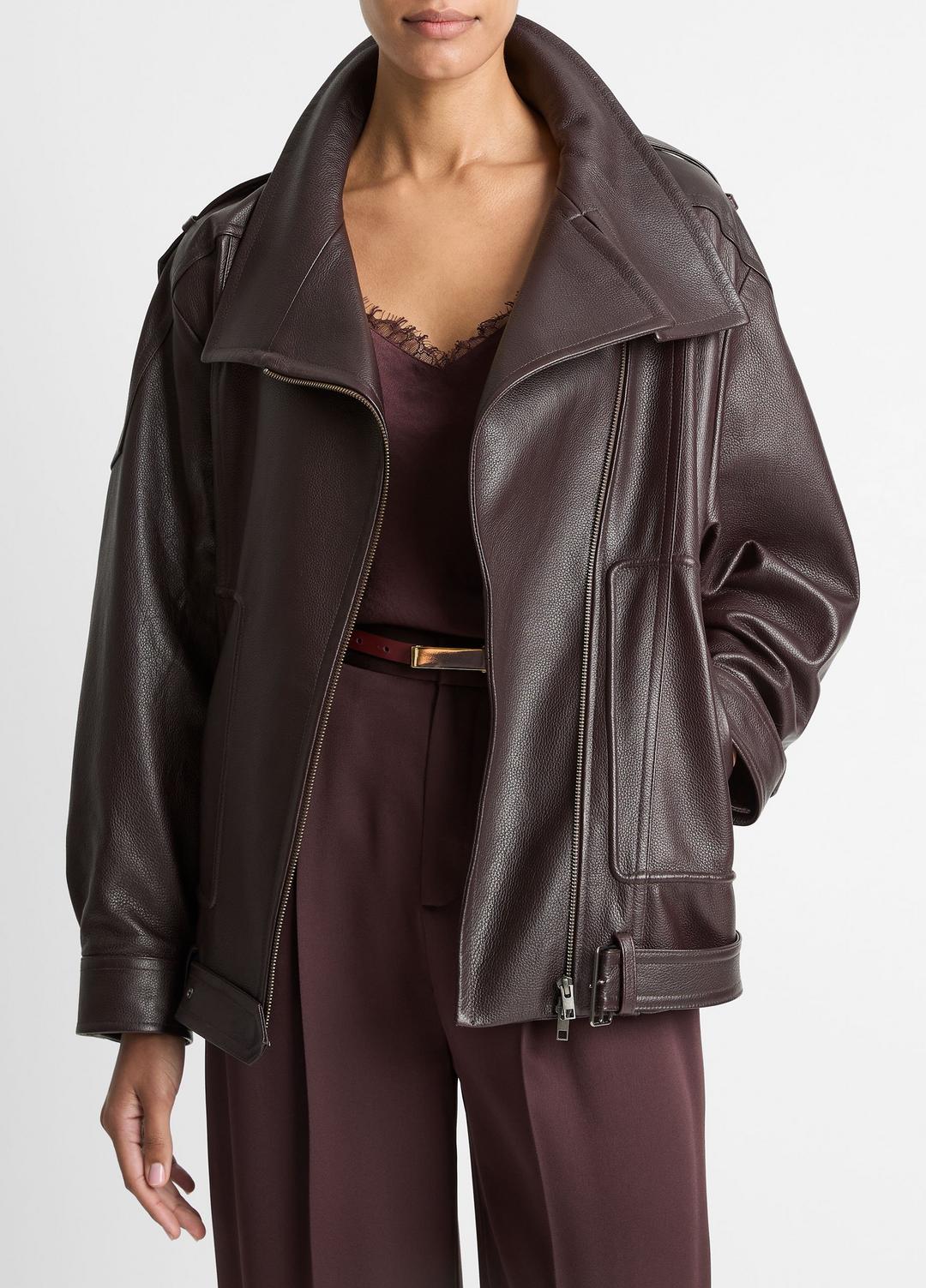 VINCE | Leather Oversized Biker Jacket in Jackets - DARK FIG