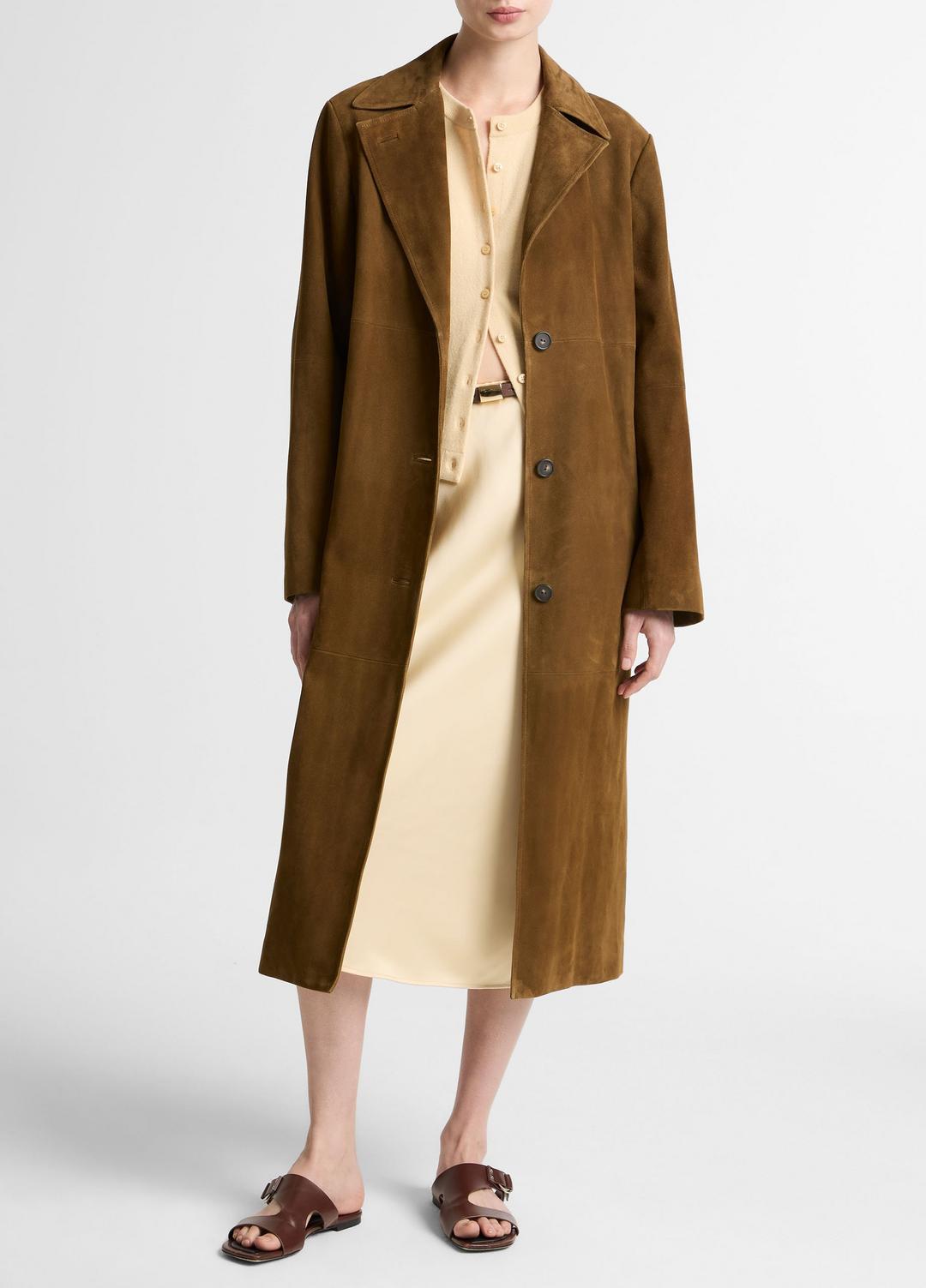 VINCE | Suede Long Coat in Coats - WOOD MOSS