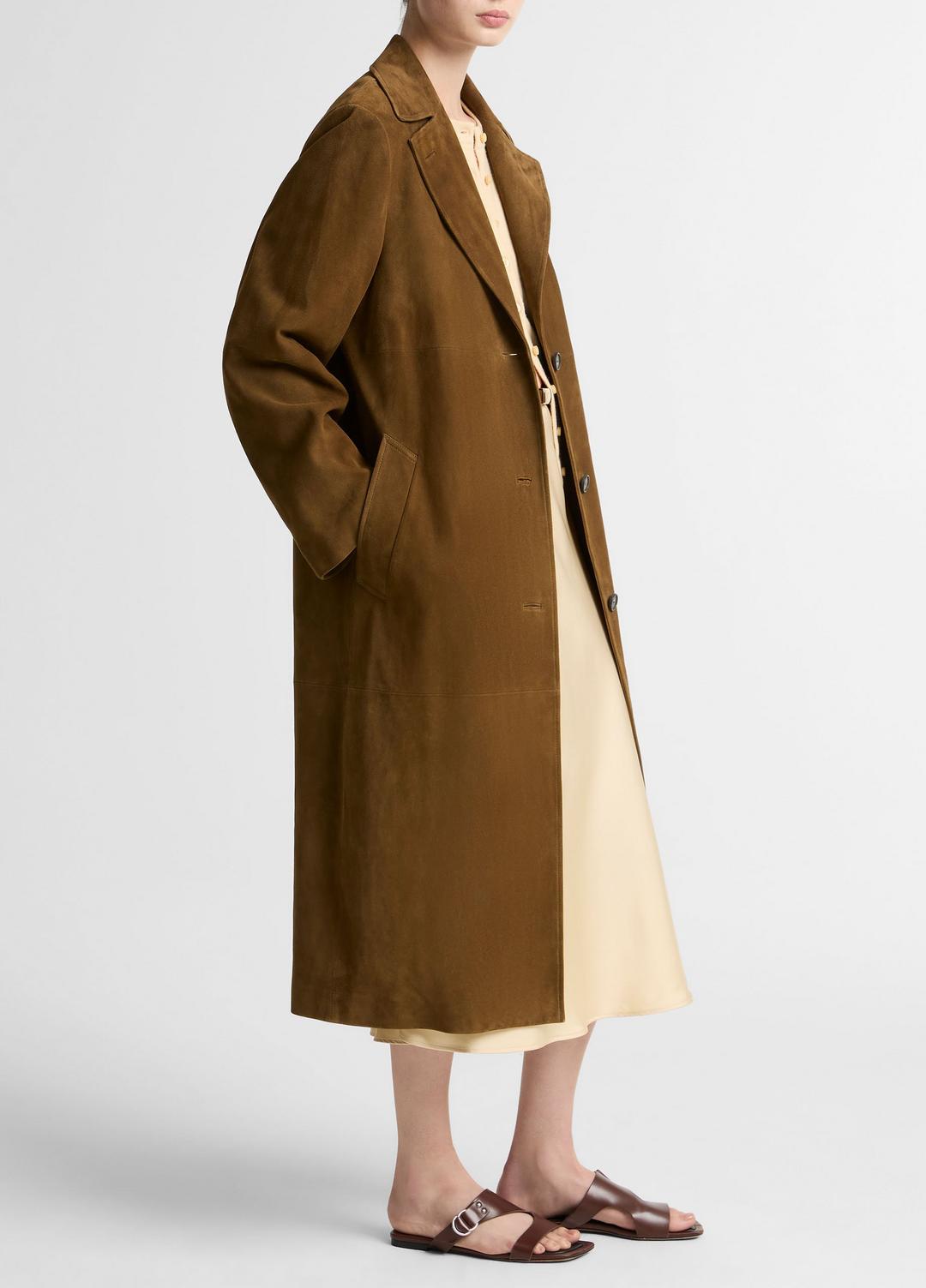VINCE | Suede Long Coat in Coats - WOOD MOSS