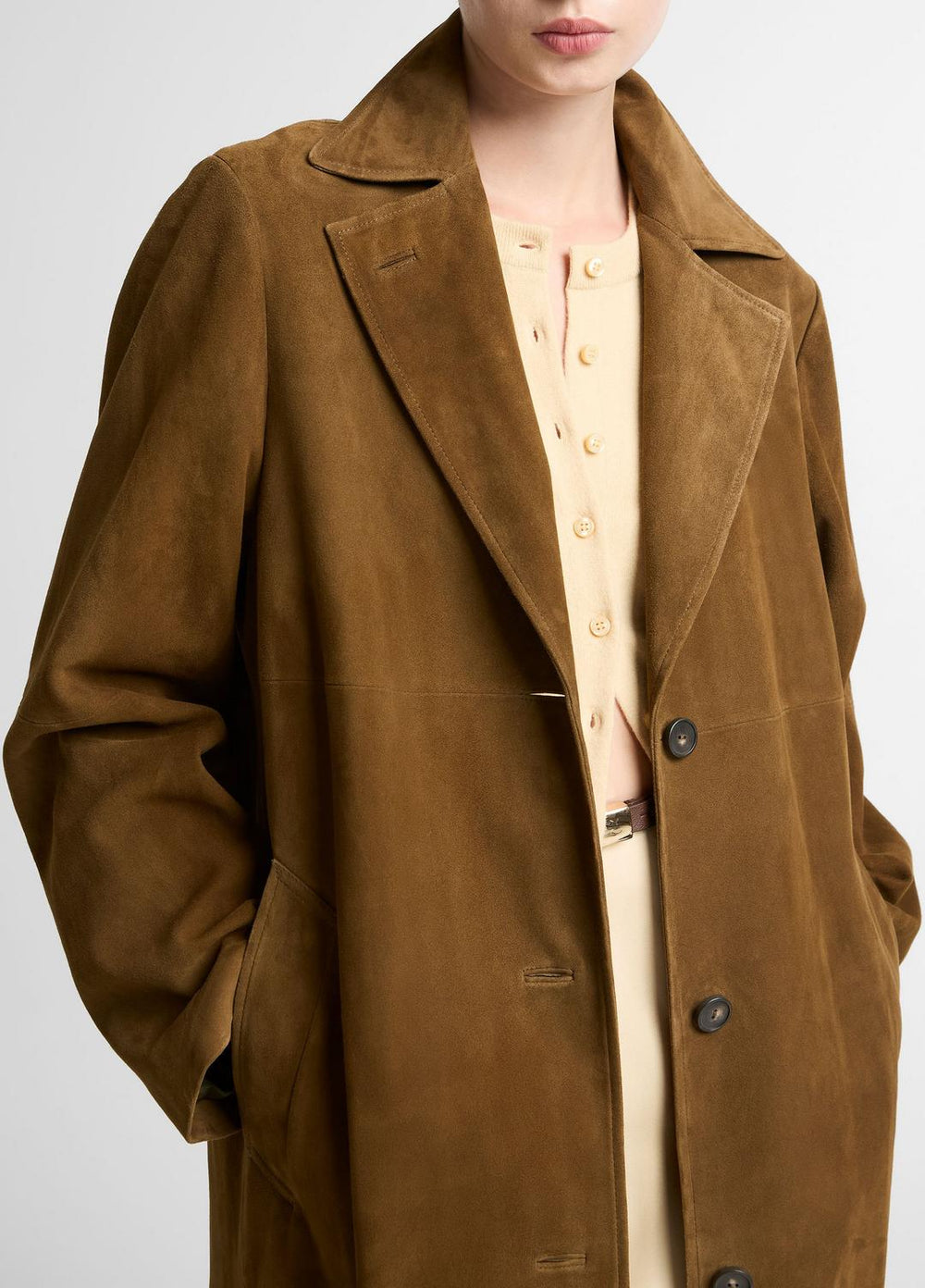 VINCE | Suede Long Coat in Coats - WOOD MOSS