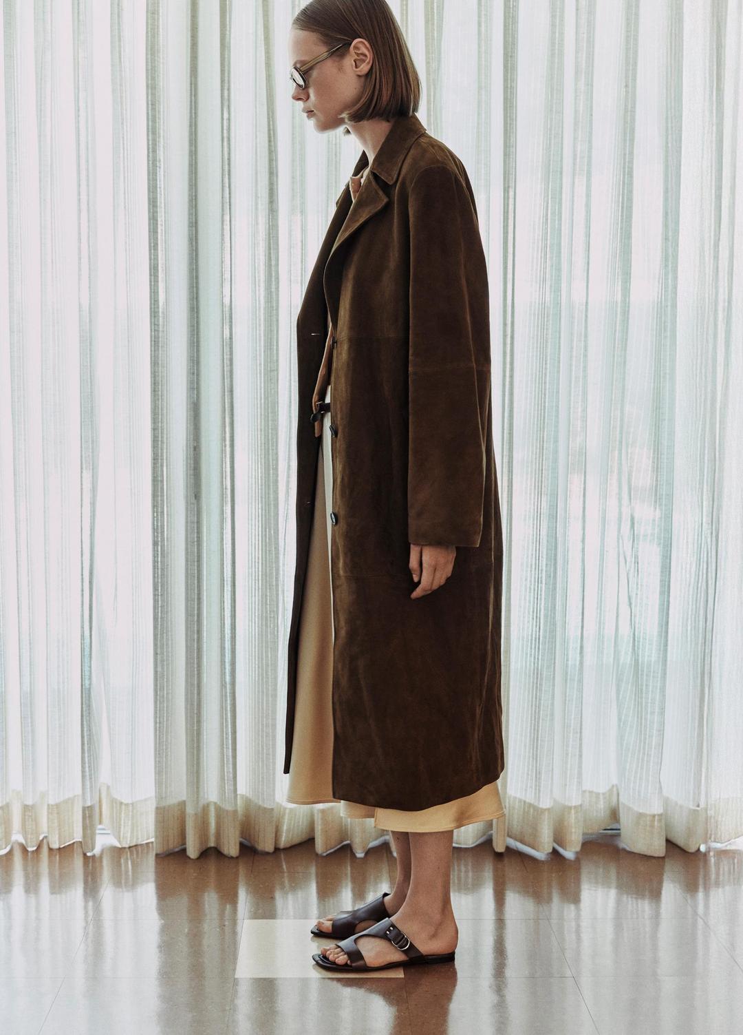 VINCE | Suede Long Coat in Coats - WOOD MOSS
