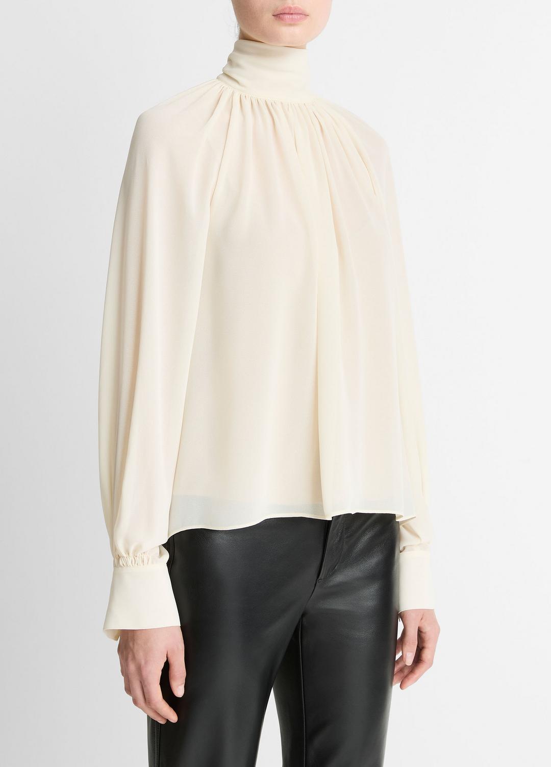 VINCE | Gathered Draped-Neck Crepe Blouse in Long Sleeve - CREAM
