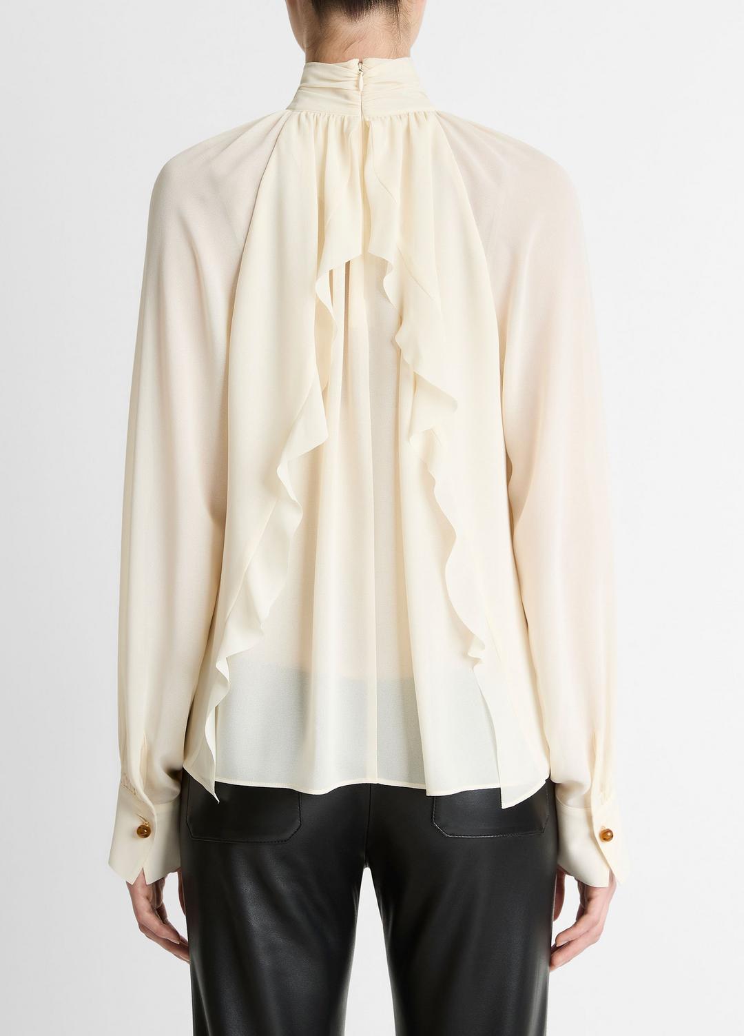VINCE | Gathered Draped-Neck Crepe Blouse in Long Sleeve - CREAM