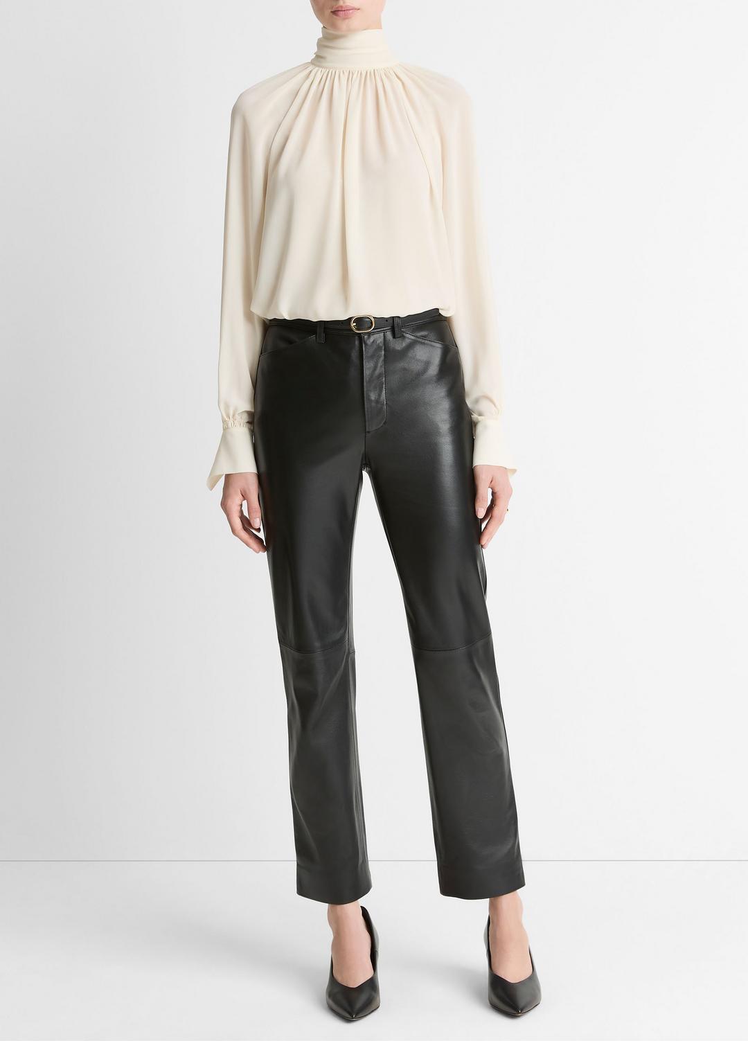 VINCE | Gathered Draped-Neck Crepe Blouse in Long Sleeve - CREAM