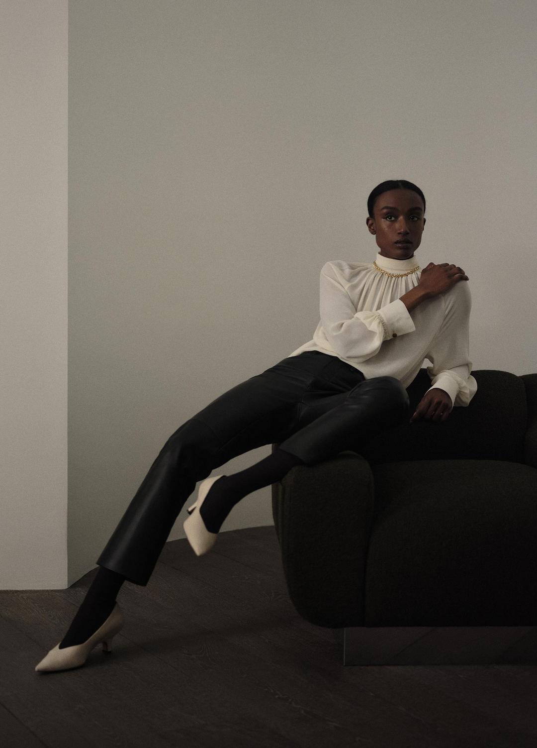 VINCE | Gathered Draped-Neck Crepe Blouse in Long Sleeve - CREAM