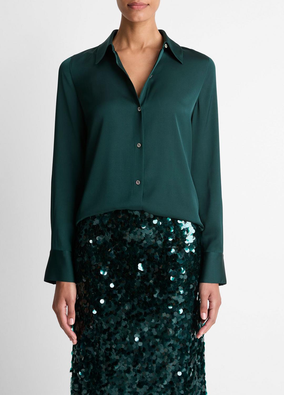 VINCE | Silk-Blend Slim Button-Front Blouse in Long Sleeve - JUNIPER
