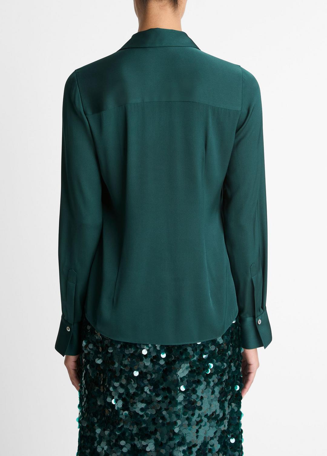 VINCE | Silk-Blend Slim Button-Front Blouse in Long Sleeve - JUNIPER
