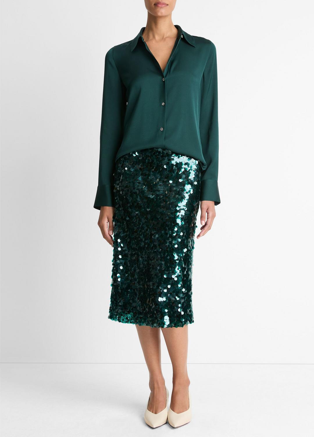 VINCE | Silk-Blend Slim Button-Front Blouse in Long Sleeve - JUNIPER