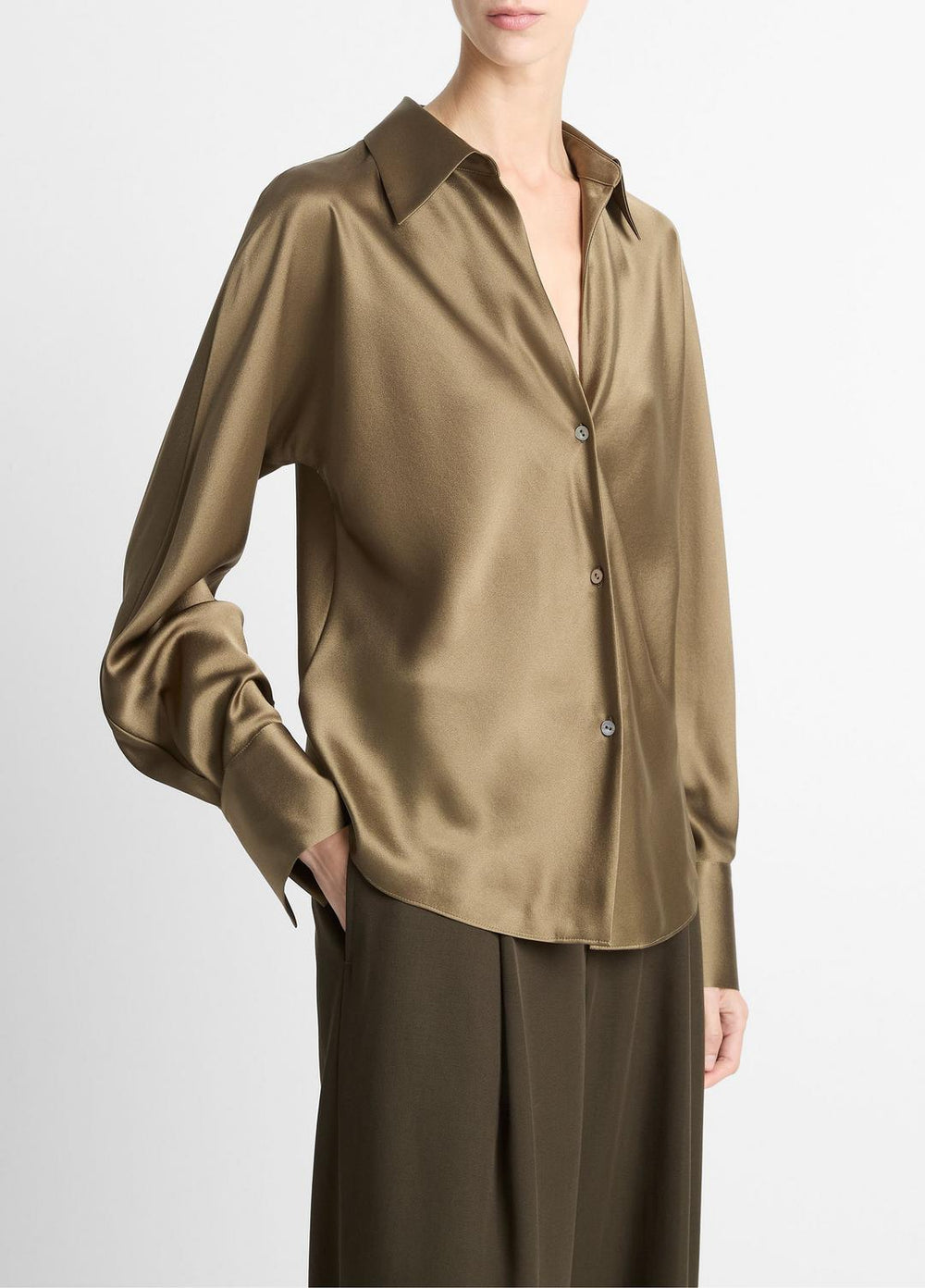 VINCE | Silk Bias Long-Sleeve Blouse in Long Sleeve - CYPRESS