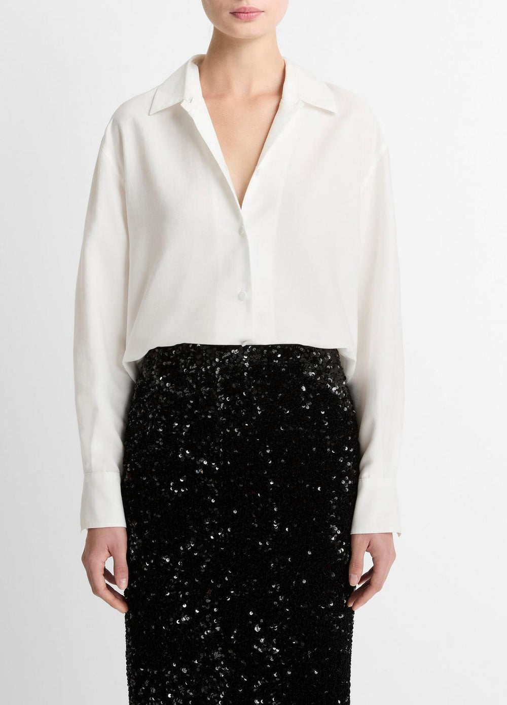 VINCE | Refined Twill Covered-Button Shirt in Long Sleeve - LIGHT CREAM