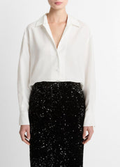 VINCE | Refined Twill Covered-Button Shirt in Long Sleeve - LIGHT CREAM