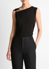 VINCE | Cinched-Shoulder Wool-Blend Top in Tank Tops - BLACK