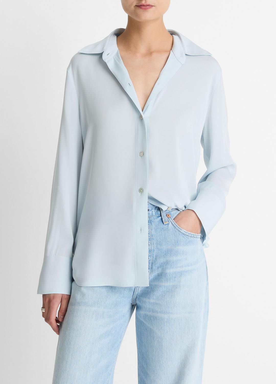 VINCE | Stretch-Silk Button-Front Blouse in Long Sleeve - GLACIER