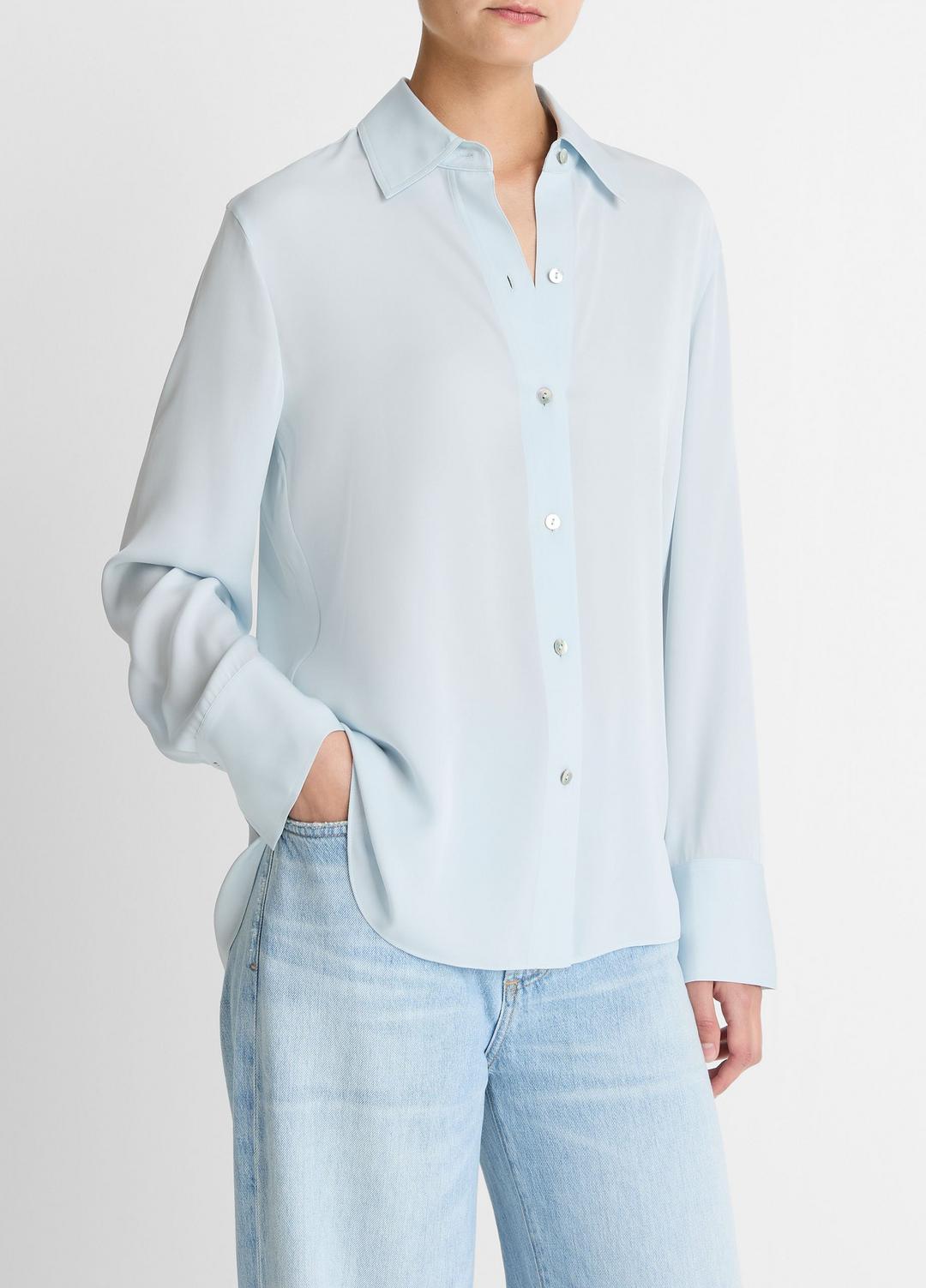 VINCE | Stretch-Silk Button-Front Blouse in Long Sleeve - GLACIER