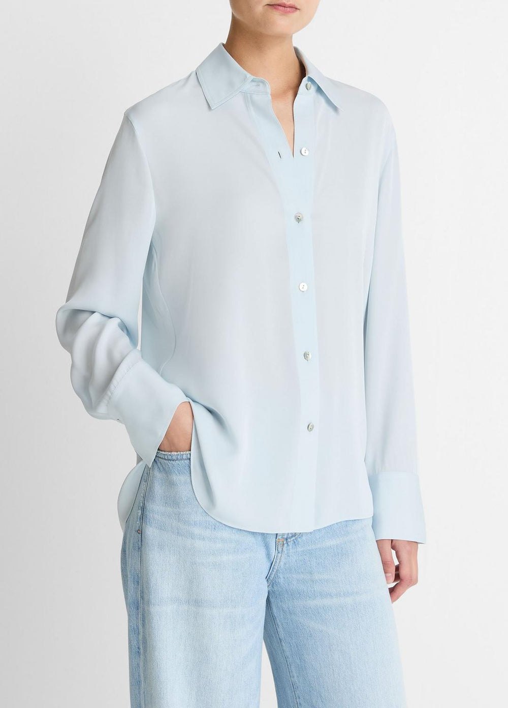 VINCE | Stretch-Silk Button-Front Blouse in Long Sleeve - GLACIER
