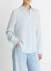 VINCE | Stretch-Silk Button-Front Blouse in Long Sleeve - GLACIER