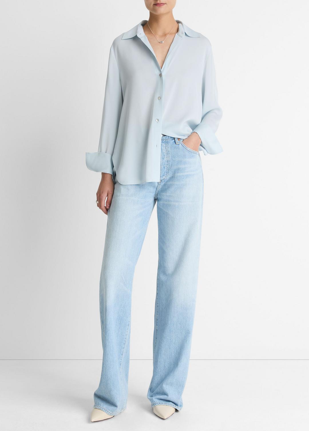 VINCE | Stretch-Silk Button-Front Blouse in Long Sleeve - GLACIER