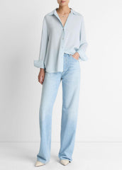 VINCE | Stretch-Silk Button-Front Blouse in Long Sleeve - GLACIER
