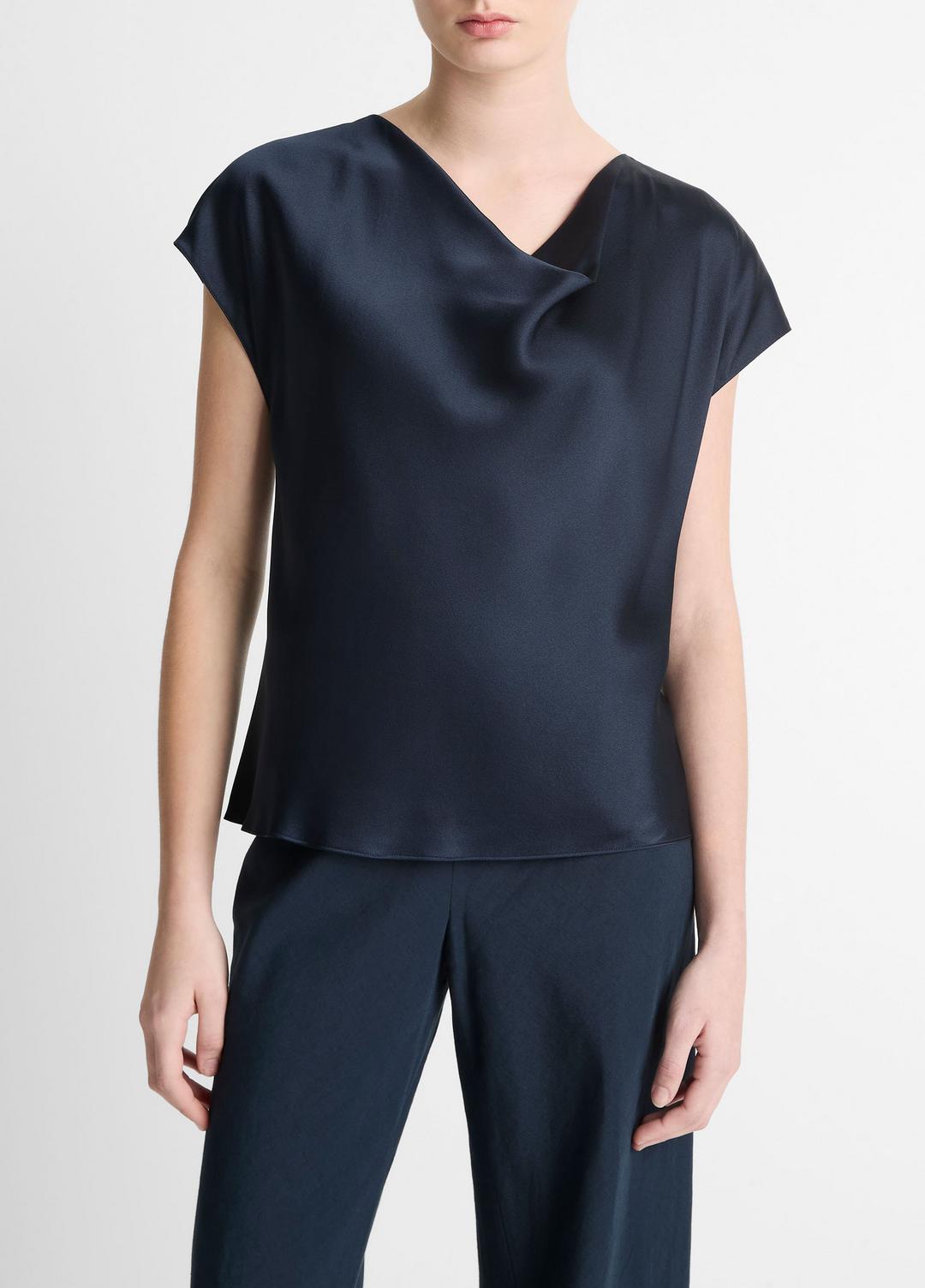 VINCE | Silk Cowl-Neck Blouse in Short Sleeve - COASTAL BLUE