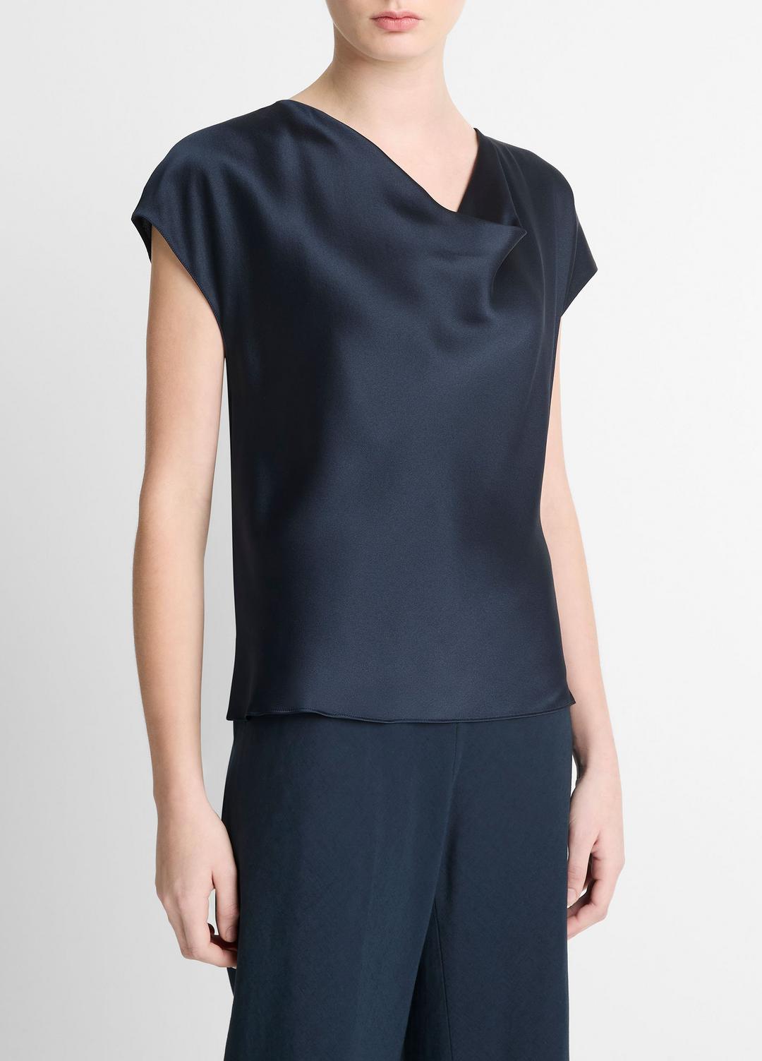 VINCE | Silk Cowl-Neck Blouse in Short Sleeve - COASTAL BLUE
