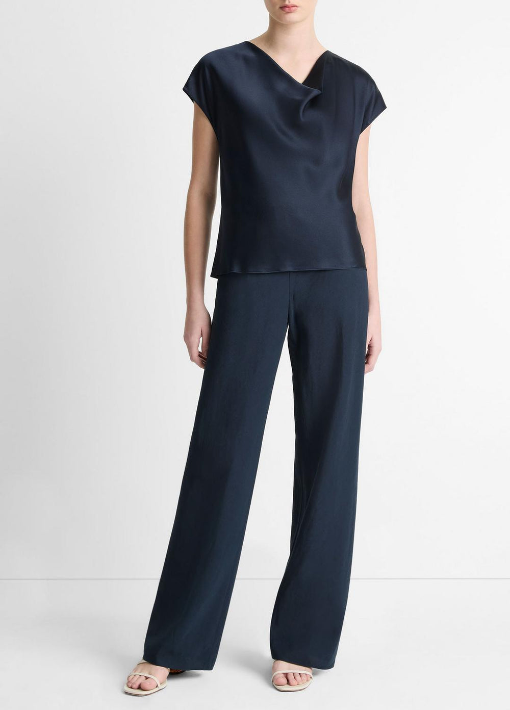 VINCE | Silk Cowl-Neck Blouse in Short Sleeve - COASTAL BLUE