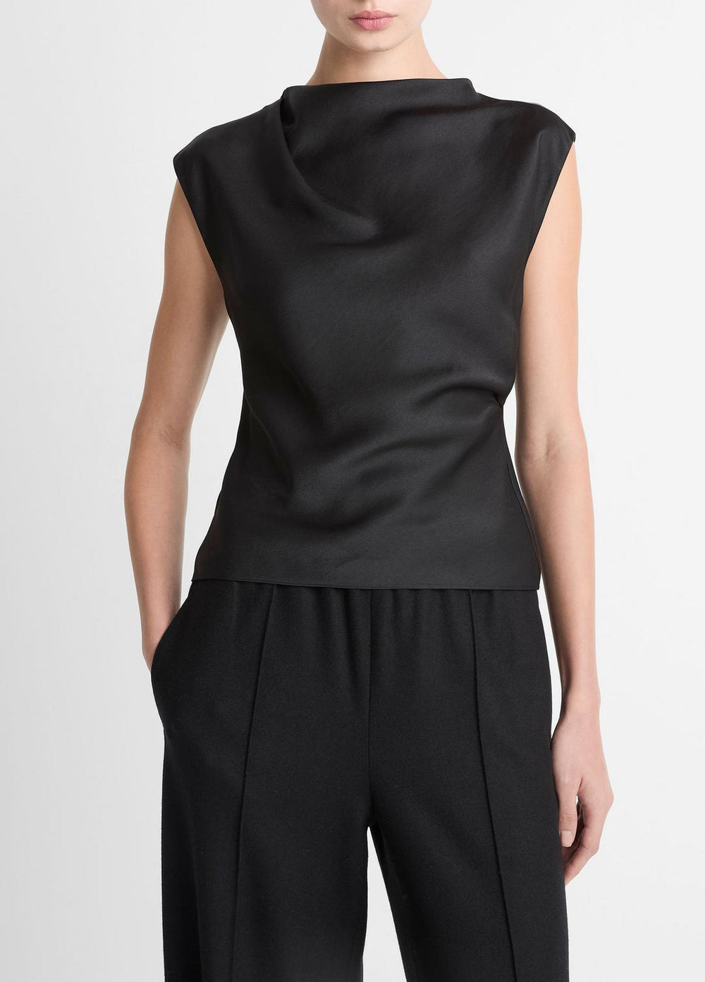 VINCE | Satin Draped Cowl-Neck Top in Tank Tops - BLACK