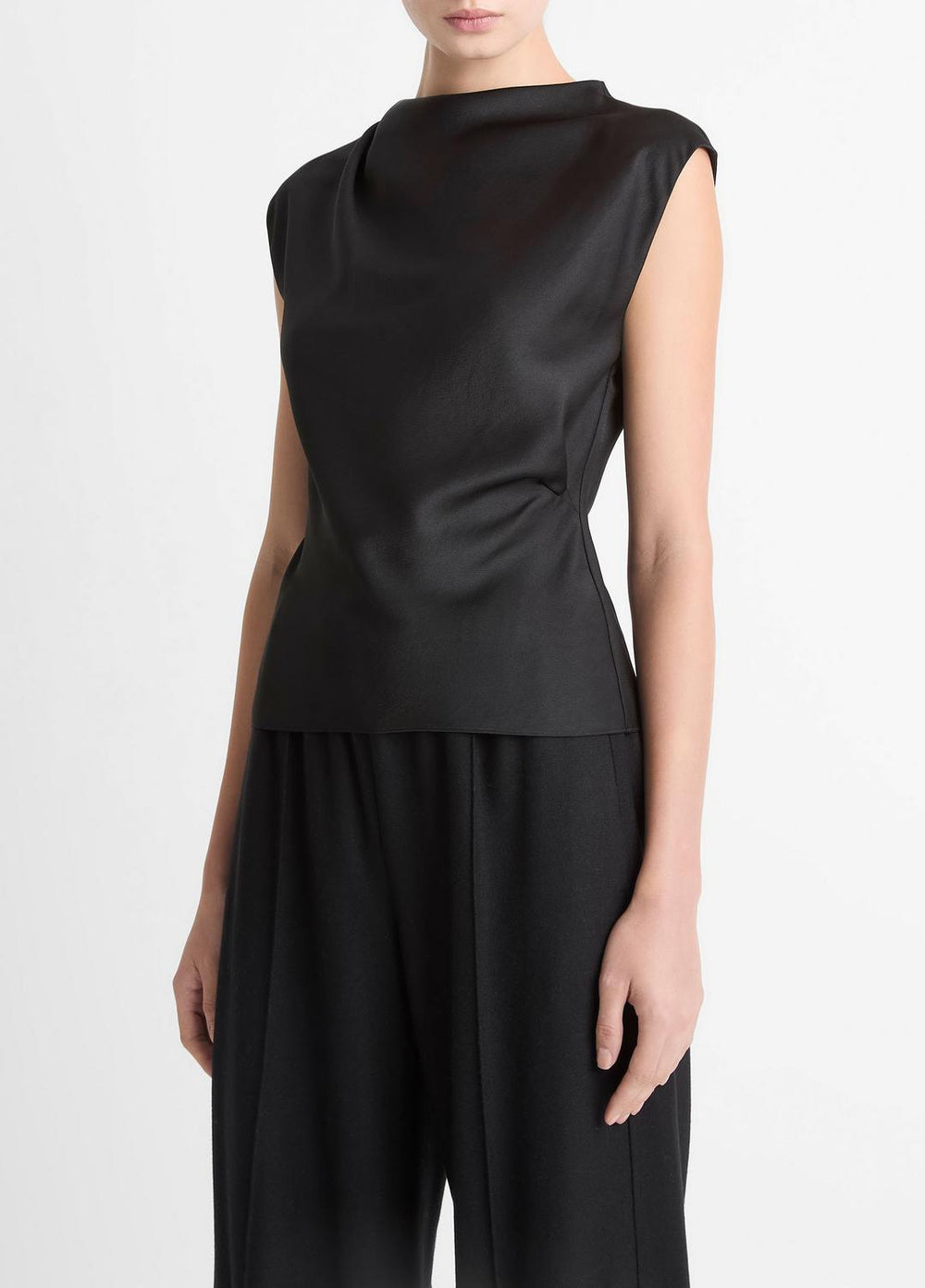 VINCE | Satin Draped Cowl-Neck Top in Tank Tops - BLACK