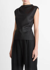 VINCE | Satin Draped Cowl-Neck Top in Tank Tops - BLACK