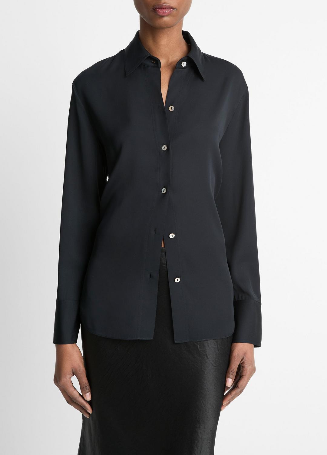 VINCE | Stretch-Silk Button-Front Blouse in Long Sleeve - BLACK
