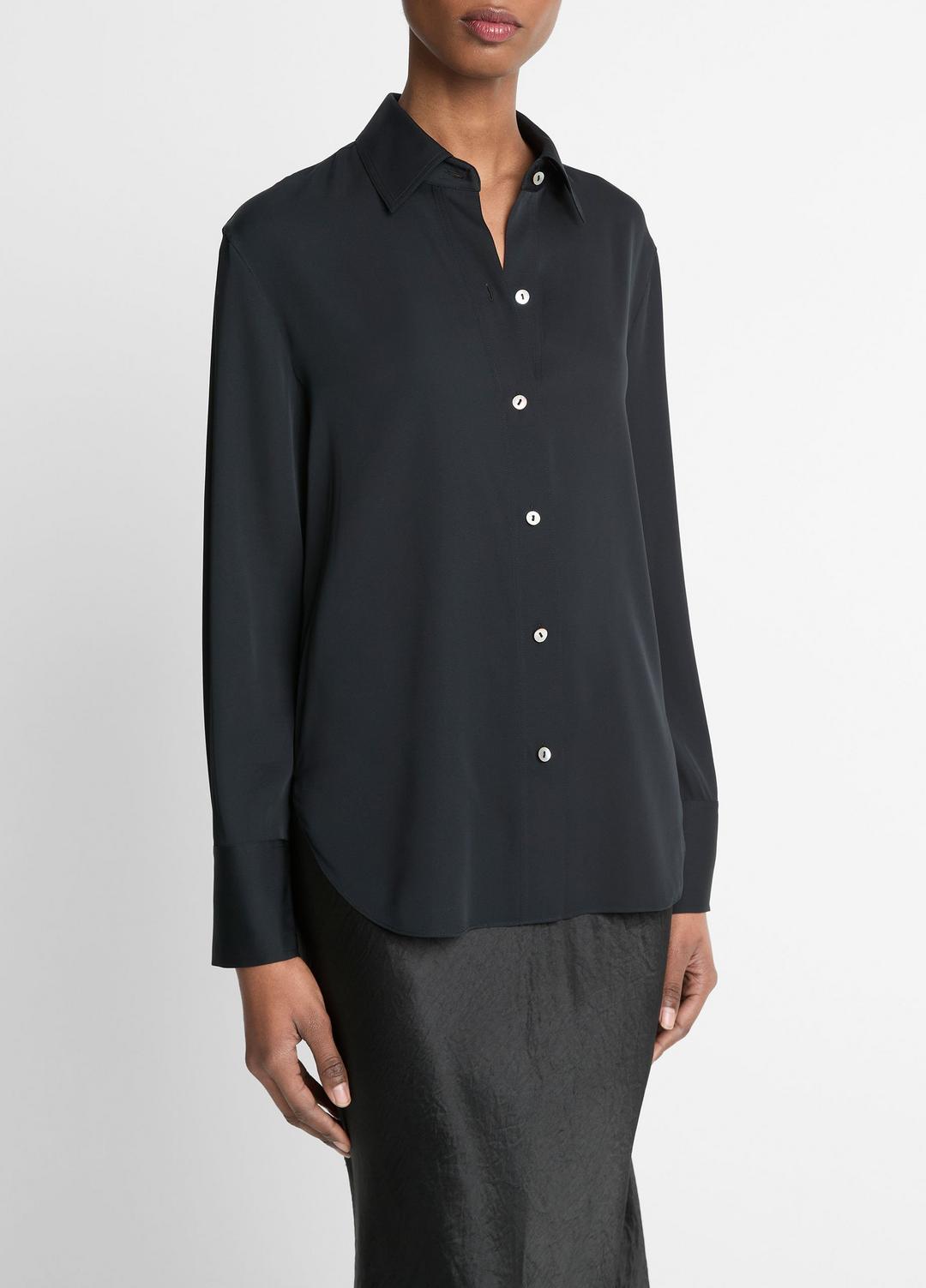 VINCE | Stretch-Silk Button-Front Blouse in Long Sleeve - BLACK