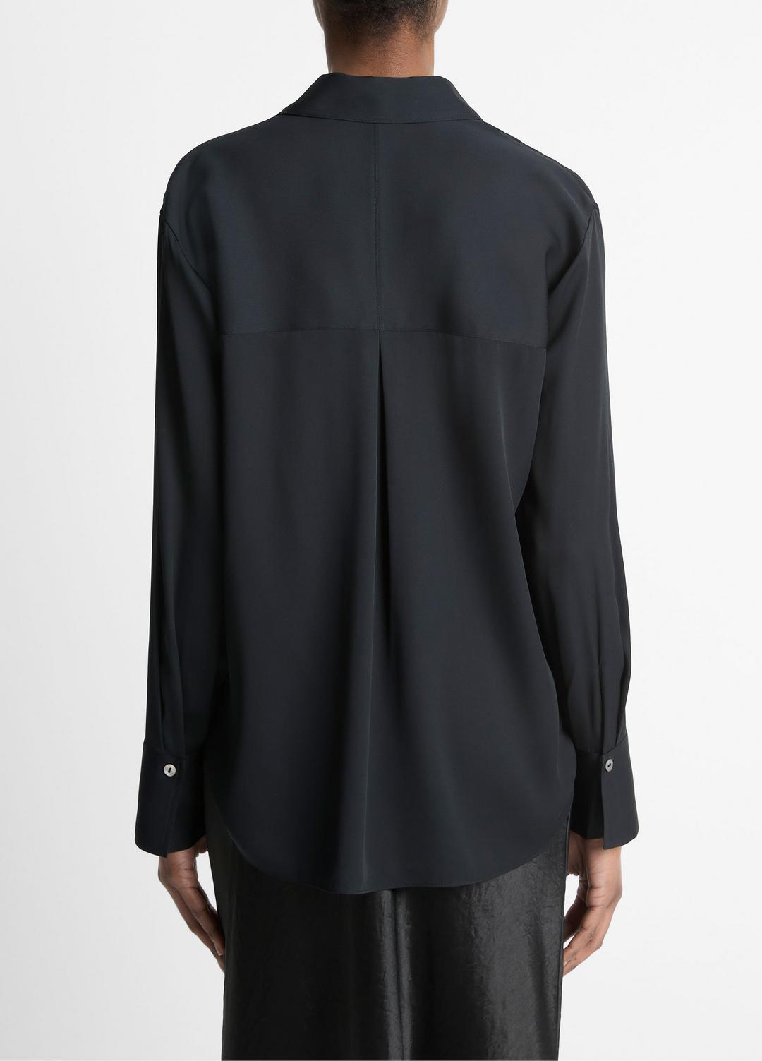 VINCE | Stretch-Silk Button-Front Blouse in Long Sleeve - BLACK