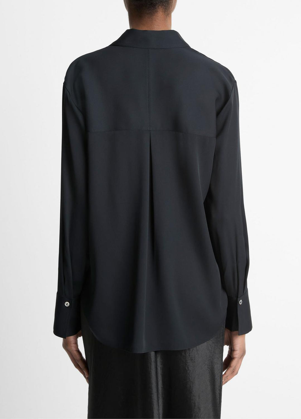 VINCE | Stretch-Silk Button-Front Blouse in Long Sleeve - BLACK