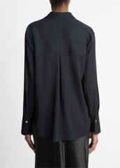 VINCE | Stretch-Silk Button-Front Blouse in Long Sleeve - BLACK
