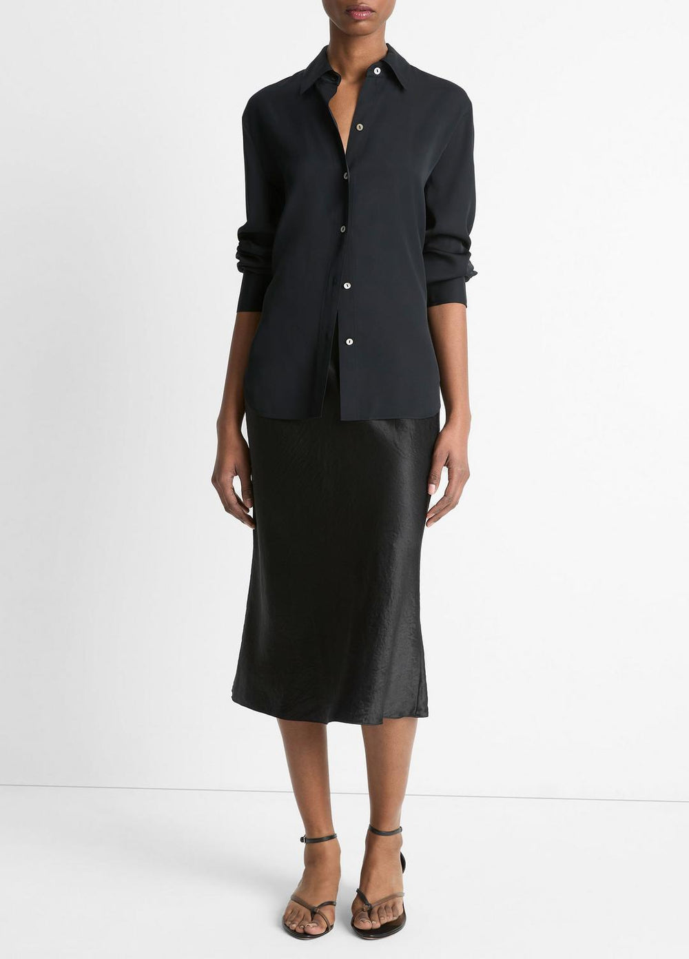 VINCE | Stretch-Silk Button-Front Blouse in Long Sleeve - BLACK