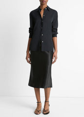 VINCE | Stretch-Silk Button-Front Blouse in Long Sleeve - BLACK