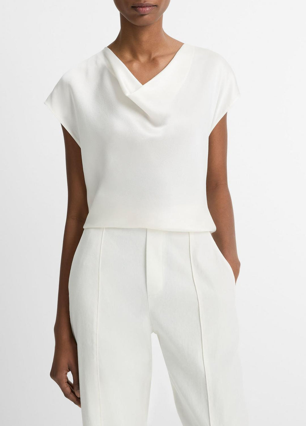 VINCE | Silk Cowl-Neck Blouse in Short Sleeve - OFF WHITE