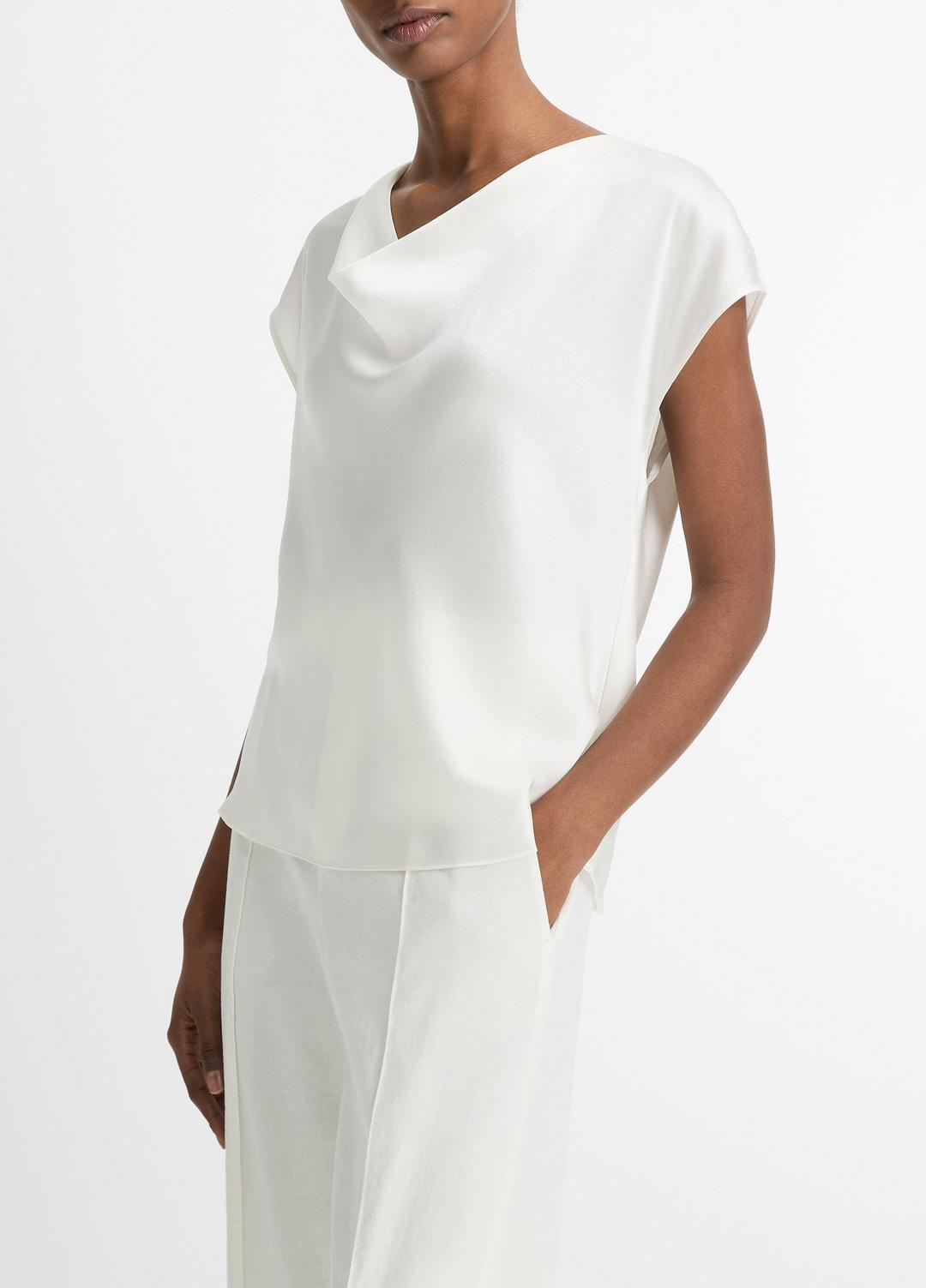 VINCE | Silk Cowl-Neck Blouse in Short Sleeve - OFF WHITE