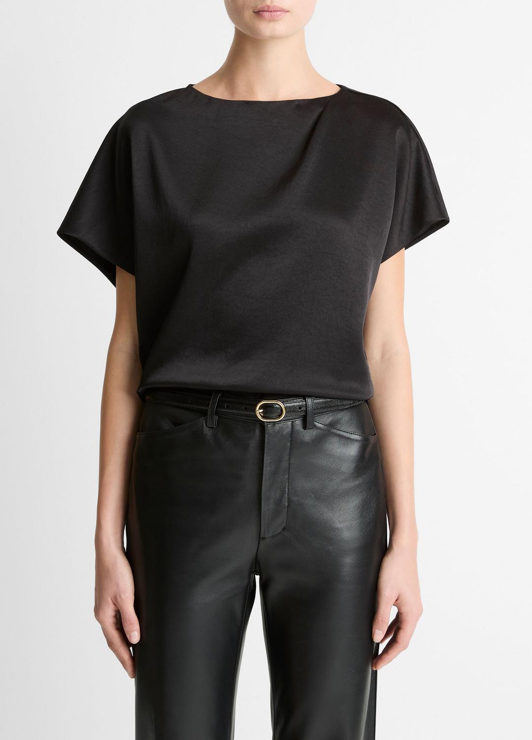 VINCE | Draped Satin Dolman-Sleeve Blouse in Short Sleeve - BLACK