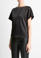 VINCE | Draped Satin Dolman-Sleeve Blouse in Short Sleeve - BLACK