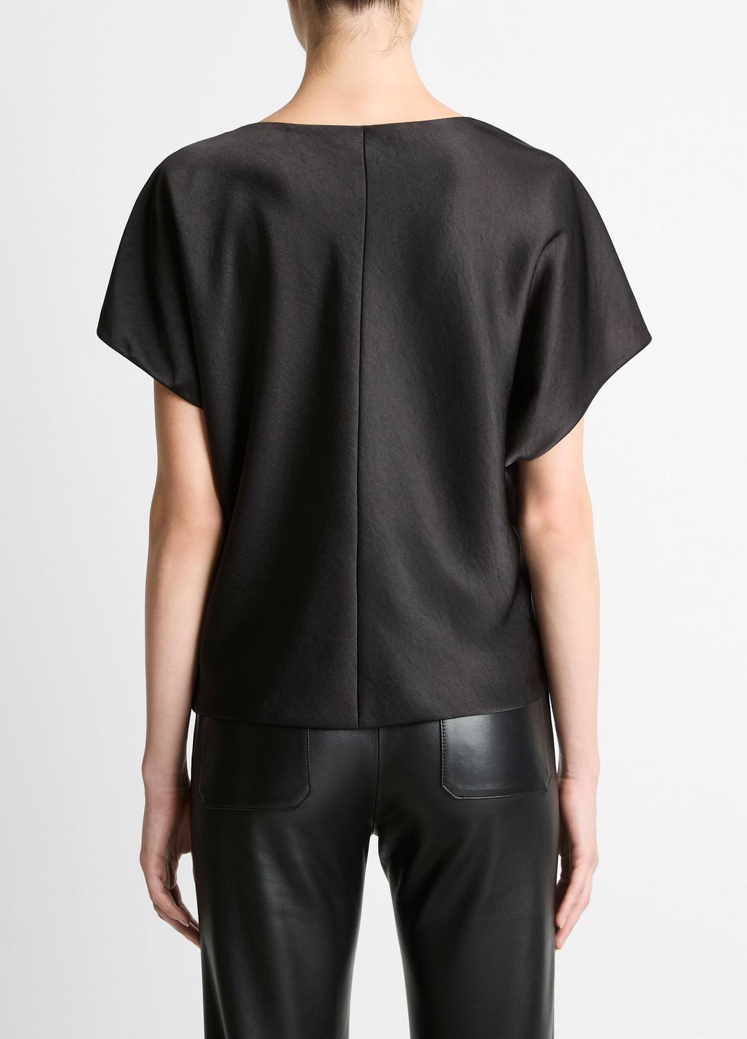 VINCE | Draped Satin Dolman-Sleeve Blouse in Short Sleeve - BLACK