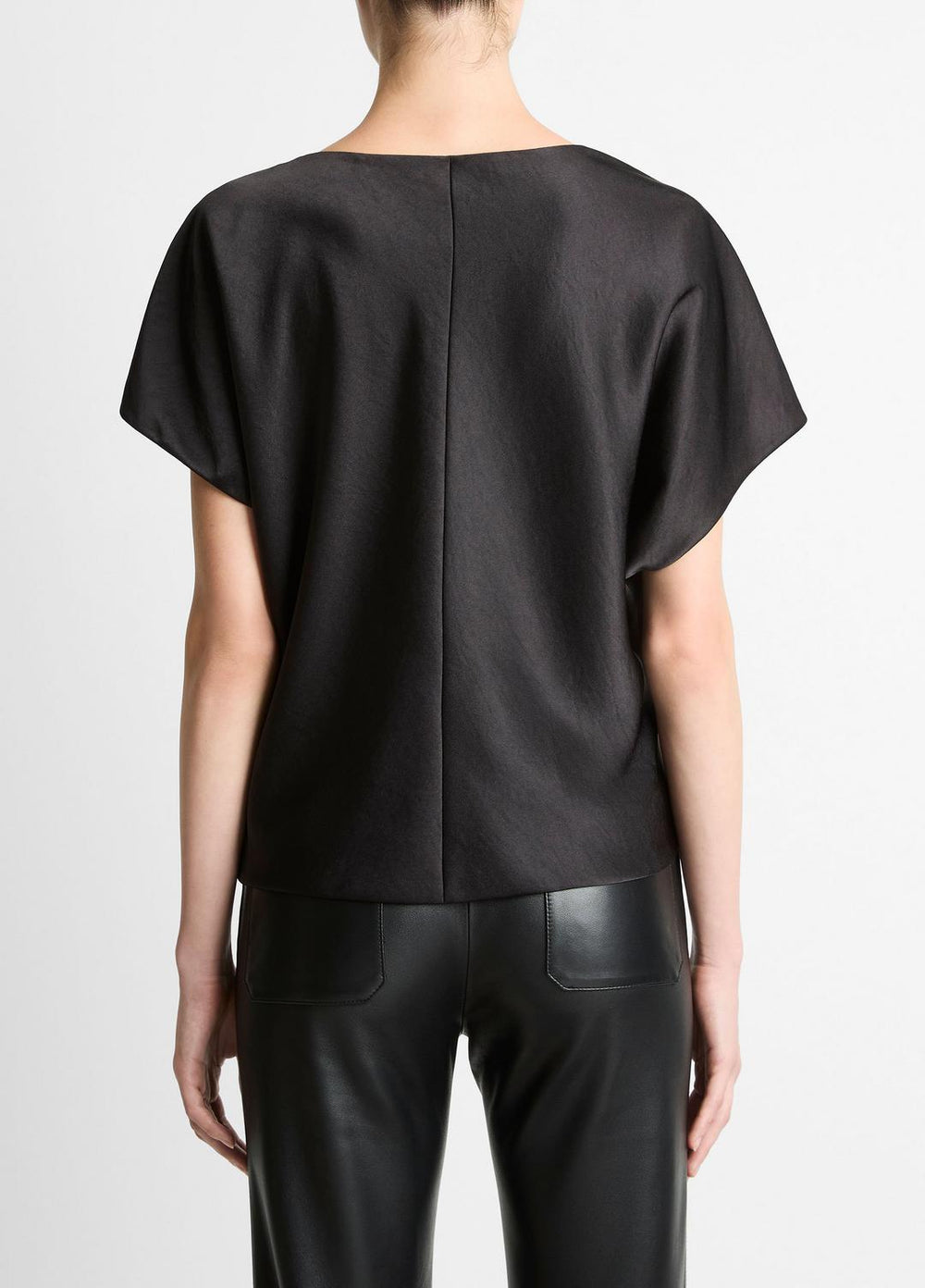 VINCE | Draped Satin Dolman-Sleeve Blouse in Short Sleeve - BLACK