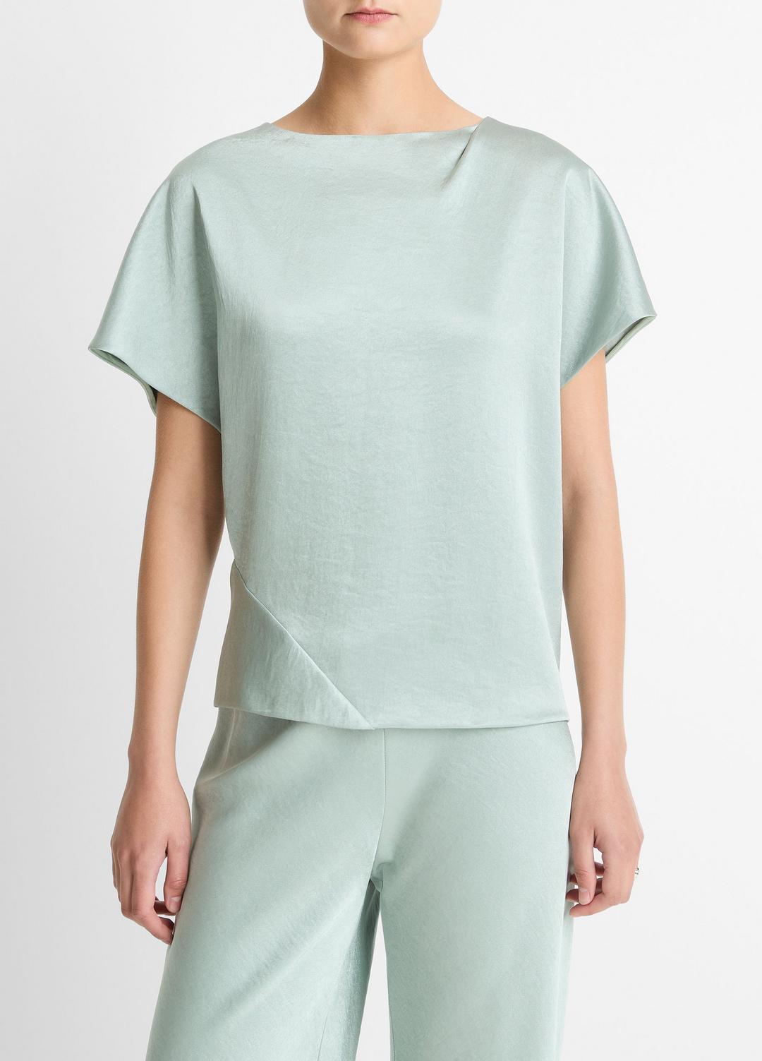 VINCE | Draped Satin Dolman-Sleeve Blouse in Short Sleeve - ALOE STONE