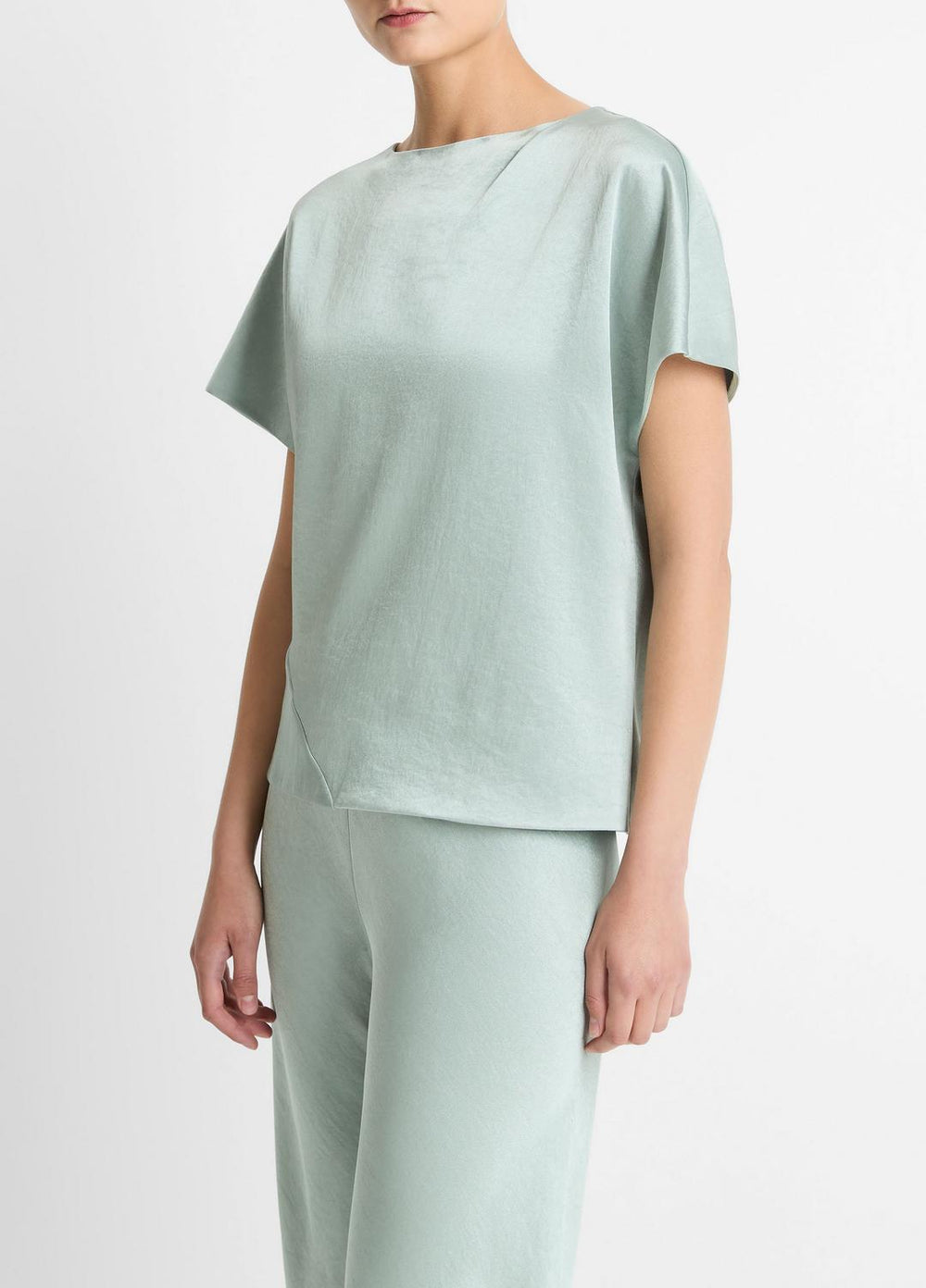 VINCE | Draped Satin Dolman-Sleeve Blouse in Short Sleeve - ALOE STONE