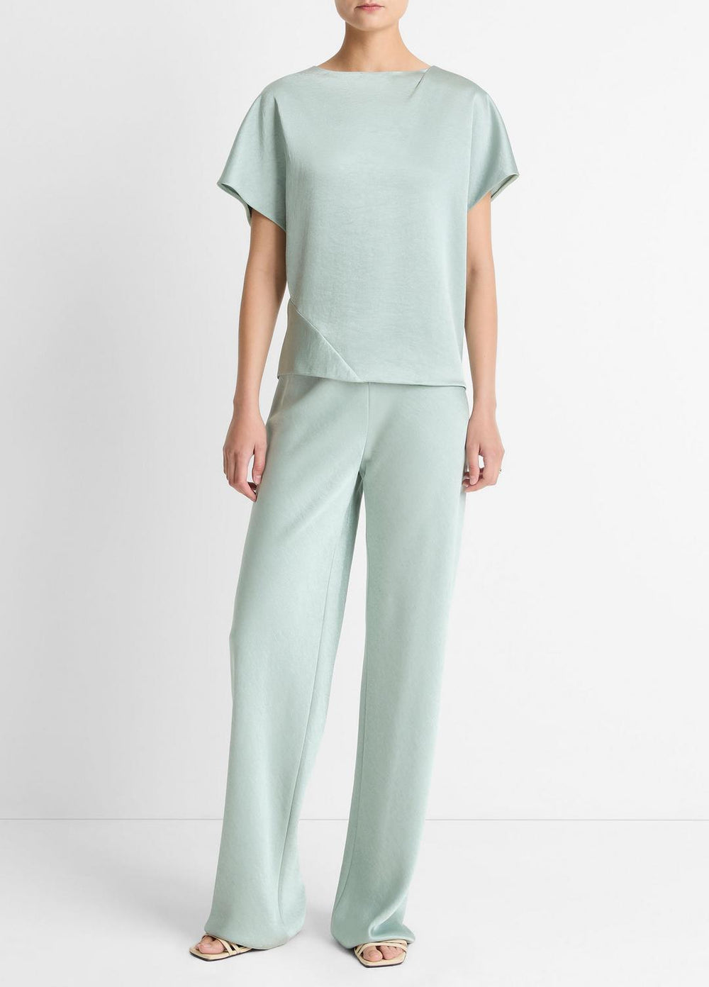 VINCE | Draped Satin Dolman-Sleeve Blouse in Short Sleeve - ALOE STONE