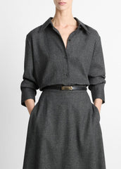VINCE | Italian Jaspe Relaxed Button-Front Shirt in Long Sleeve - MEDIUM HEATHER GREY