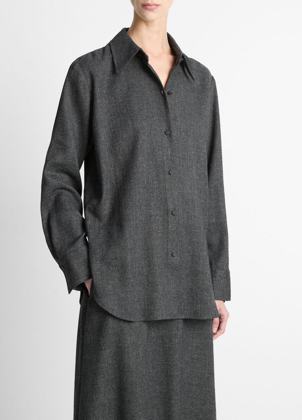 VINCE | Italian Jaspe Relaxed Button-Front Shirt in Long Sleeve - MEDIUM HEATHER GREY