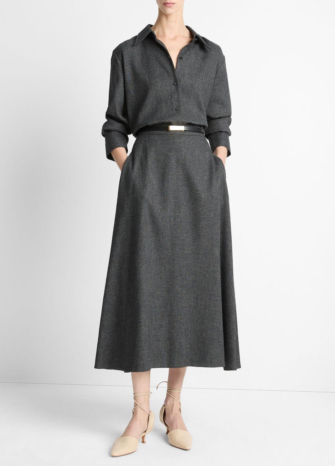VINCE | Italian Jaspe Relaxed Button-Front Shirt in Long Sleeve - MEDIUM HEATHER GREY