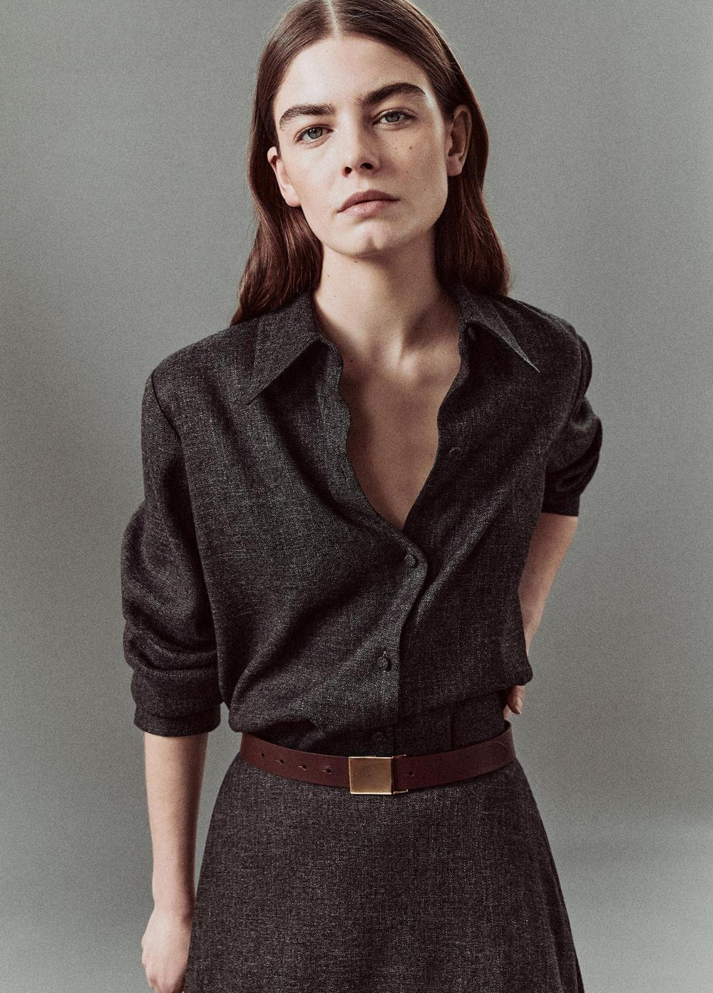 VINCE | Italian Jaspe Relaxed Button-Front Shirt in Long Sleeve - MEDIUM HEATHER GREY