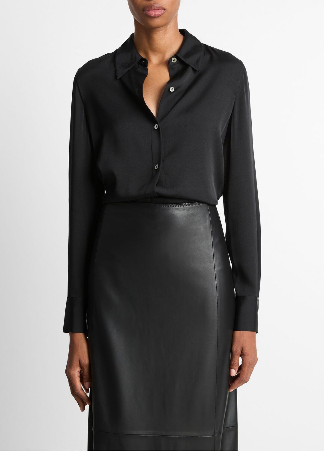VINCE | Silk-Blend Slim Button-Front Blouse in Long Sleeve - BLACK